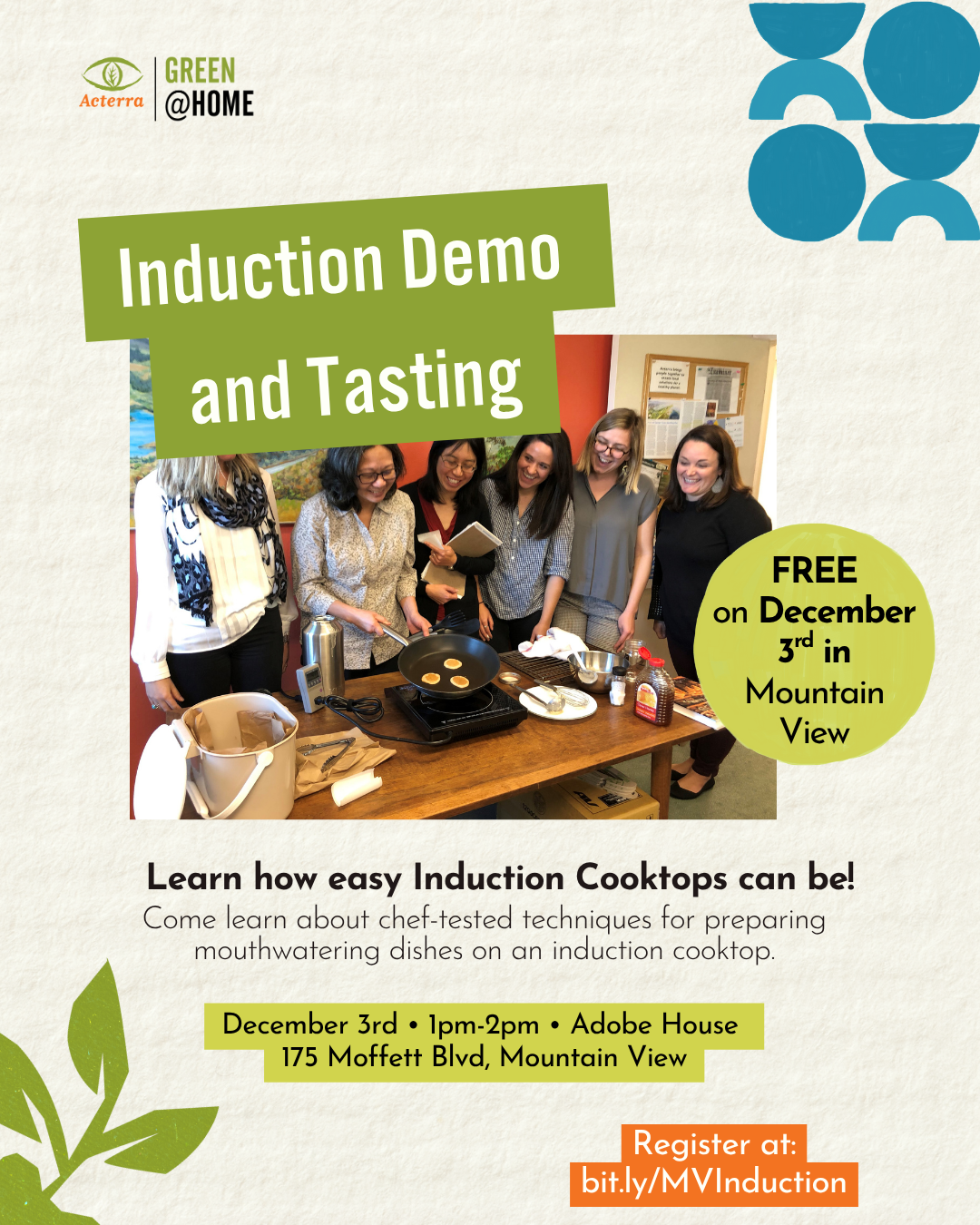Flier for an induction demo and tasting featuring a group of people gathered around an induction cooktop. 