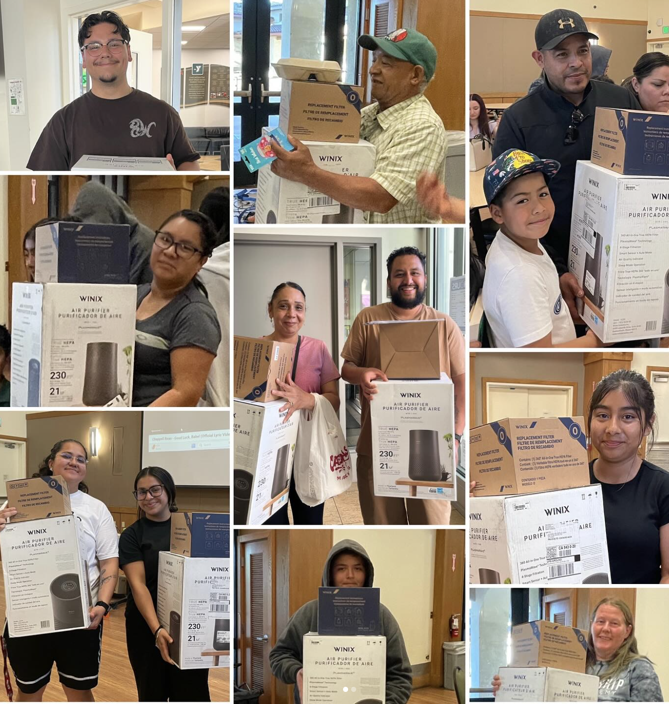 A collage of people holding boxes containing air purifiers