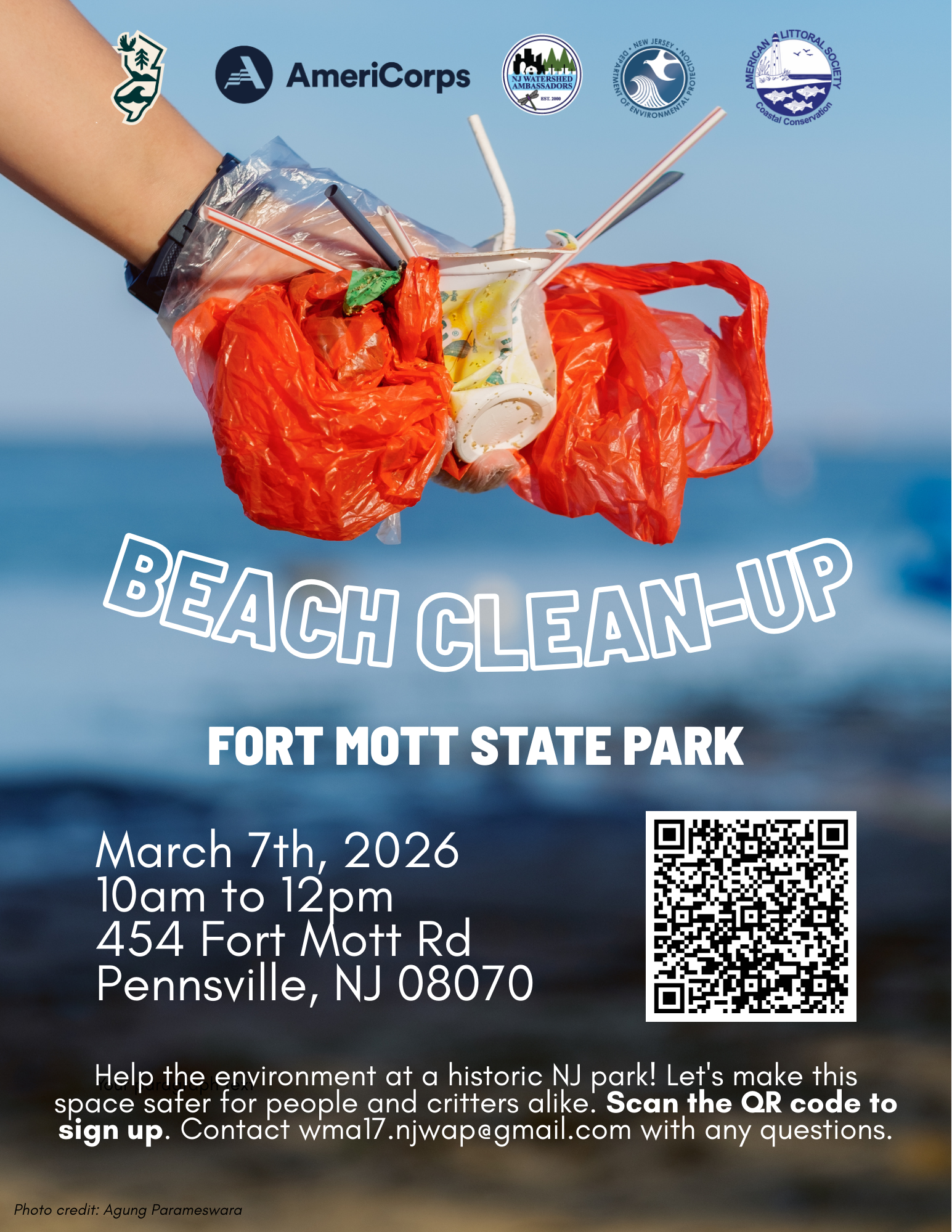flyer for a cleanup event at Fort Mott State Park in NJ's PennsvilleTownship