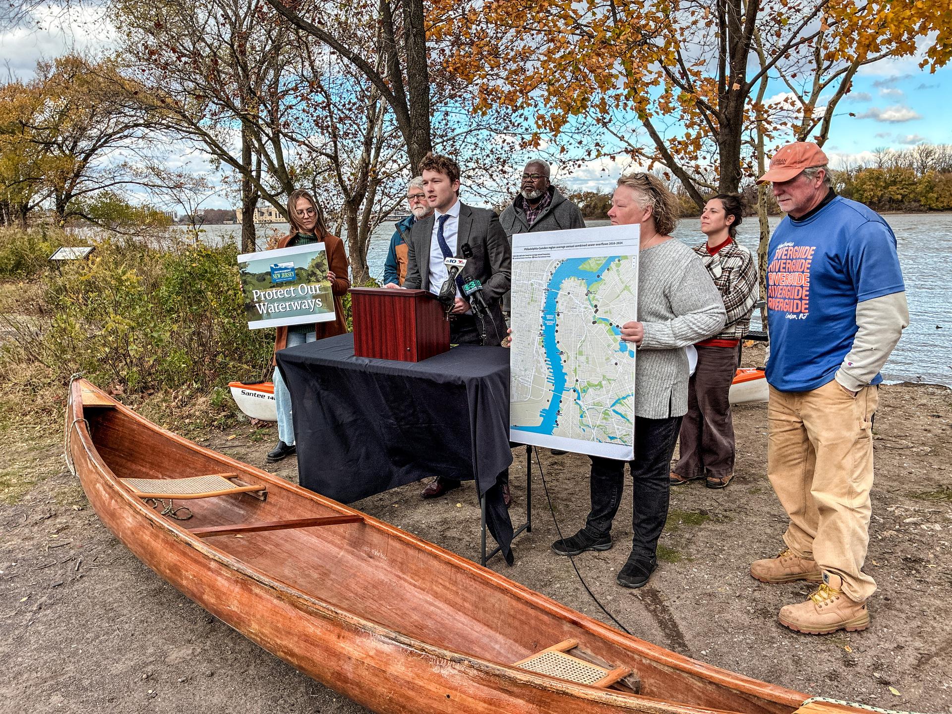 Representatives from environmental groups at a press conference in Camden on Delaware River sewage pollution