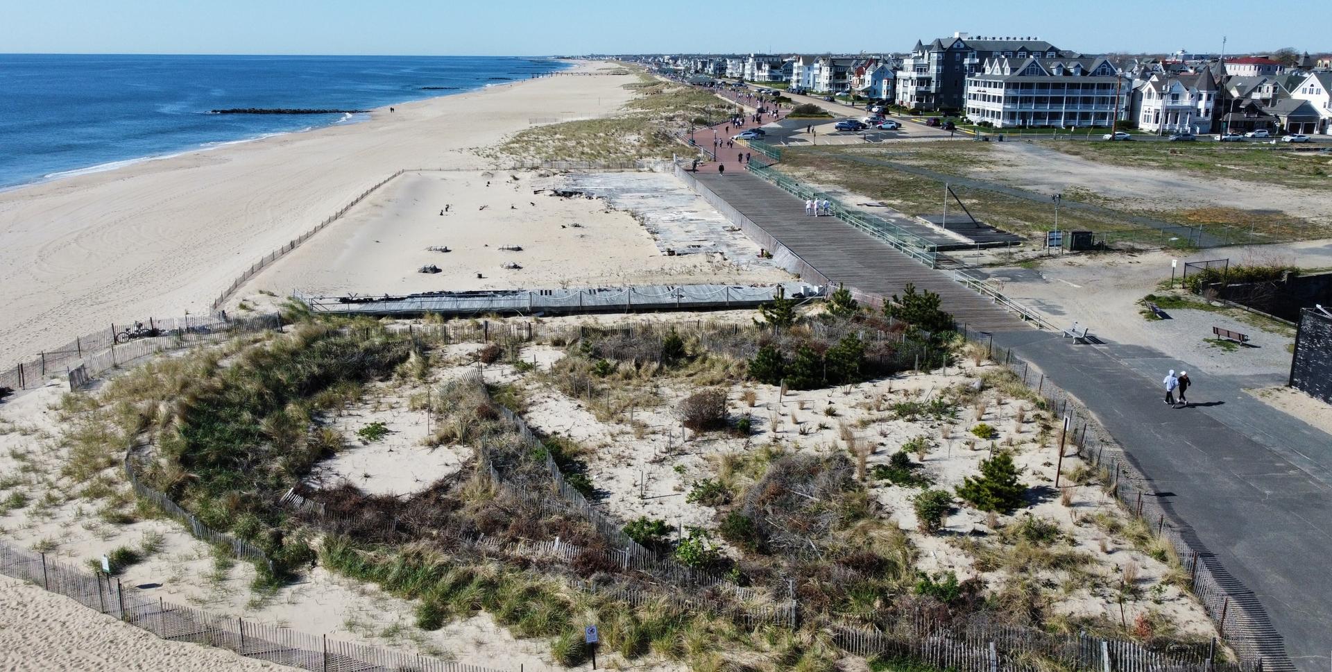Aerial of boardwalk leaving Asbury Park toward Ocean Grove