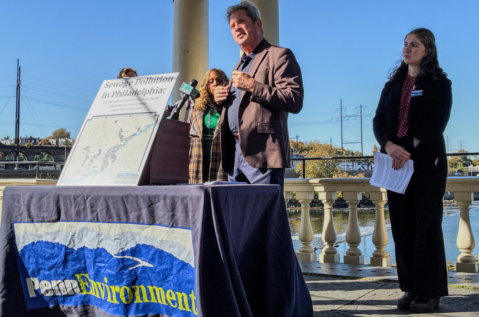 Tim Dillingham, Sr advisor at the American Littoral Society, speaks at a press conference in Philadelphia about sewage pollution in the delaware river