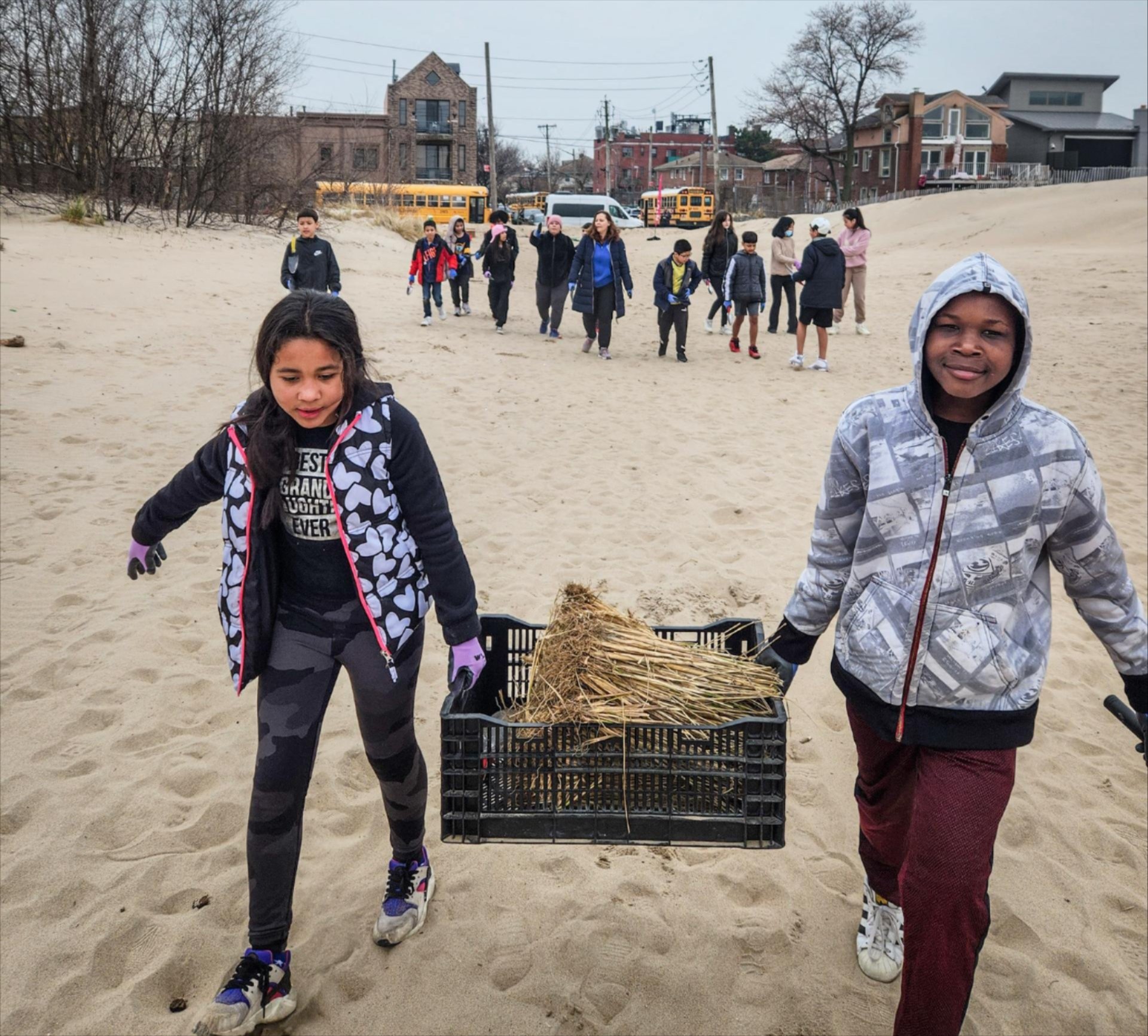 students involved with NYC's RiSC program prepare for dune grass planting at Coney Island Creek Park
