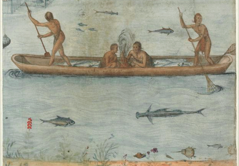 painting of Algonquians fishing from a book published in 1590