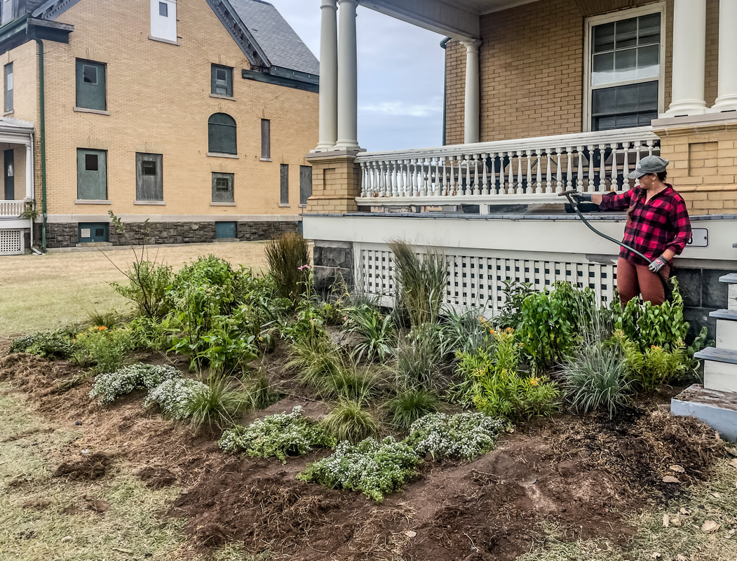 Littoral Society staff tend to a rain garden outside headquarters on Sandy Hook