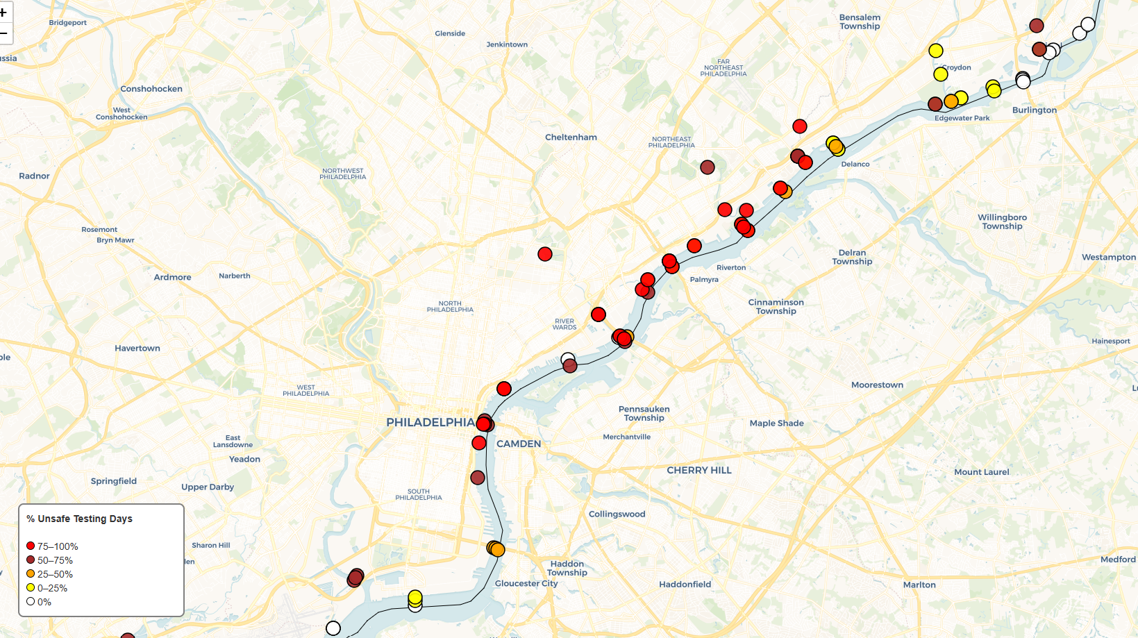 map of E.coli levels in the Delaware River