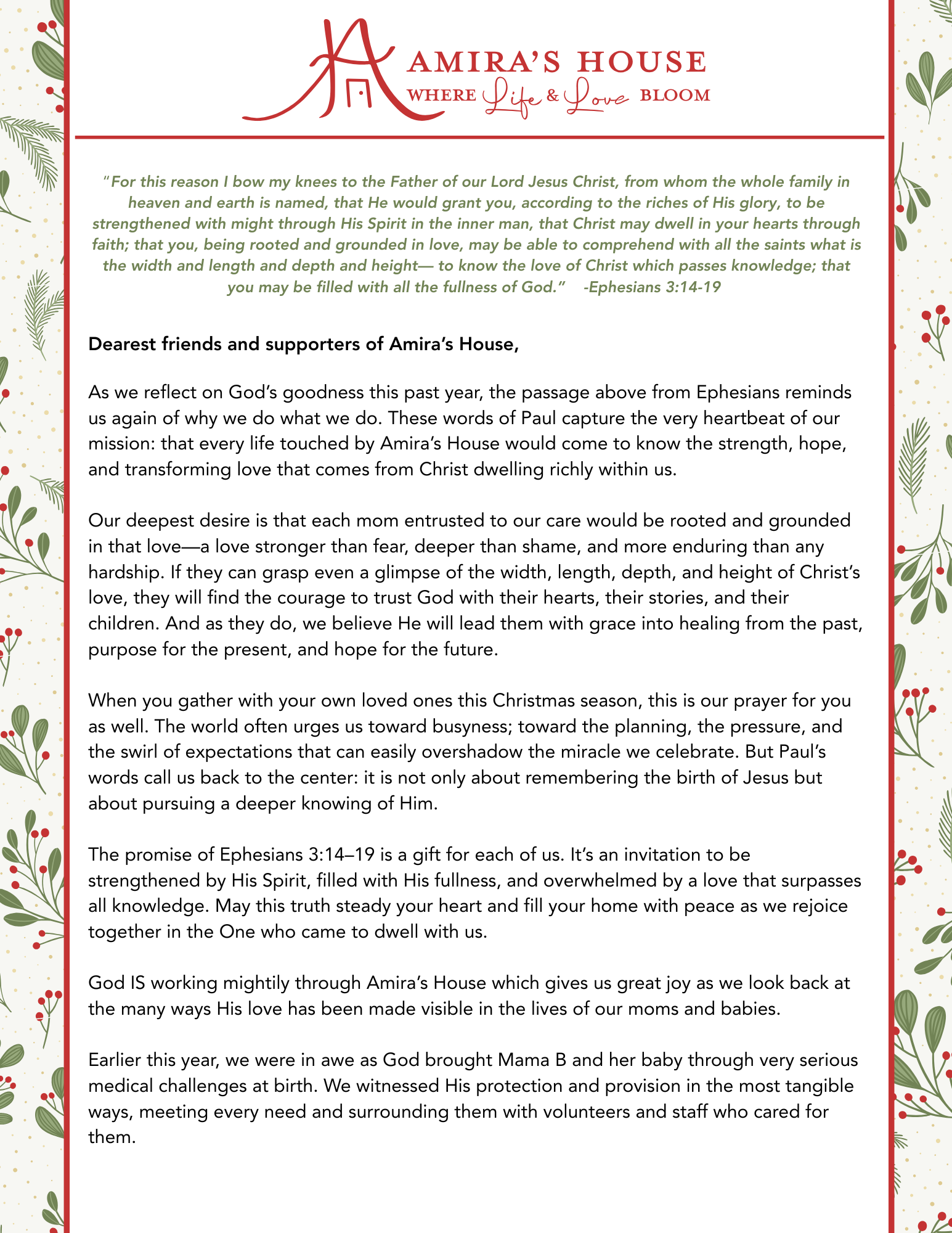 Amira's House Christmas Letter Page 1