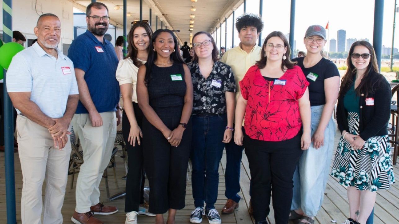CDEL staff members Alyssa York and Michael Stone with members of CDEL’s YPB at the YPB’s Summer Friendraiser on July 22nd