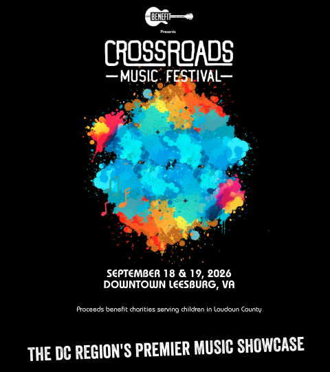 Crossroads Music Festival promotional poster. Black background with multi-colored paint splatter image in the center surrounded by details for the event.