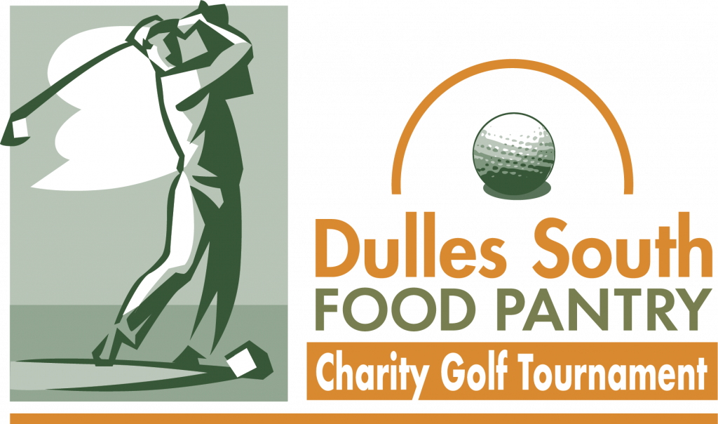 Image of a golfer mid-swing and logo for charity event with golfball