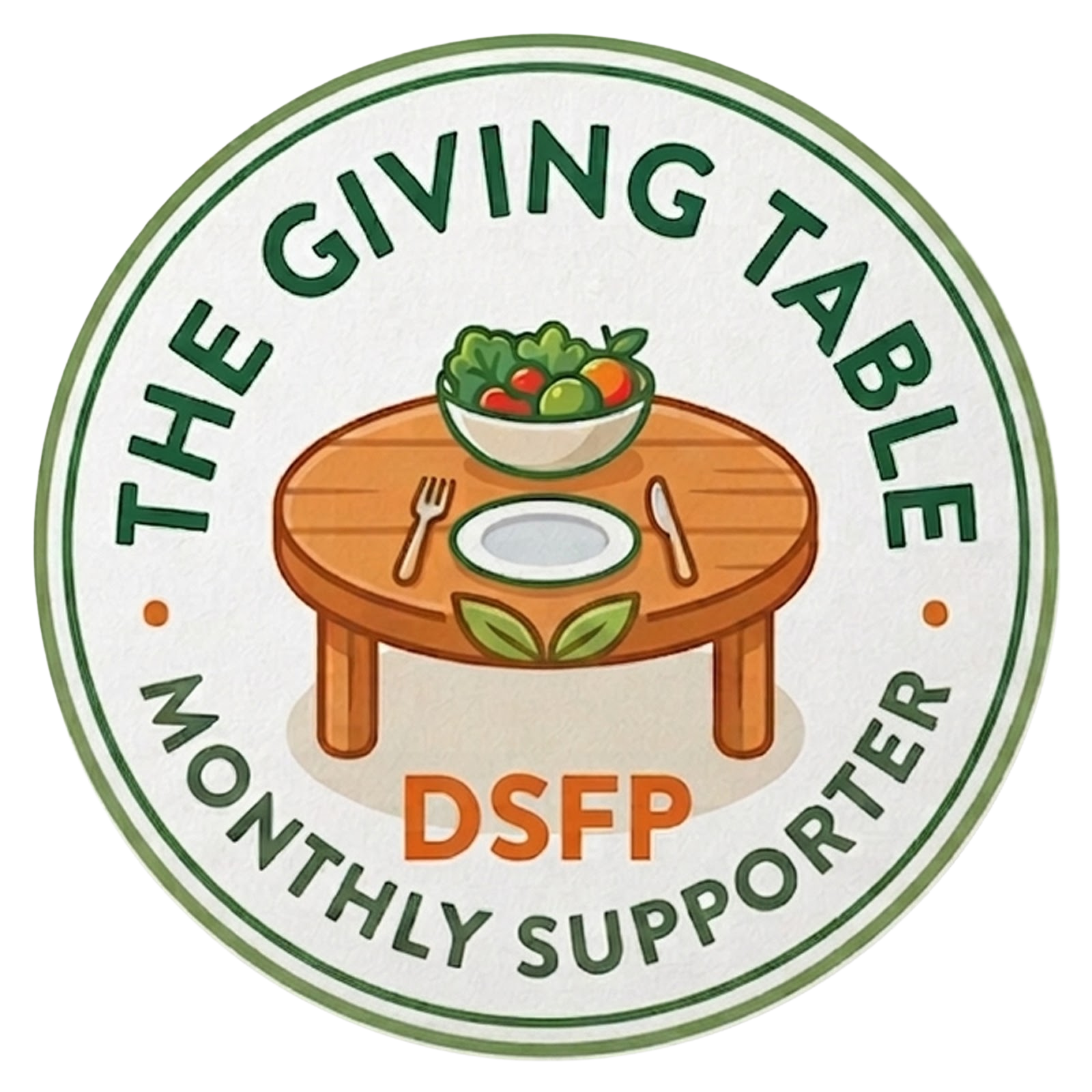 The Giving Table program logo is a circle outlined in green with a brown table with bowl of vegetables and plate on top. Words THE GIVING TABLE MONTHLY SUPPORTER around the outside of the circle