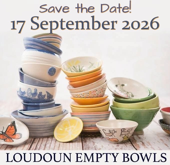 Loudoun Empty Bowls Save the Date promo with image of multi-colored artisan bowls