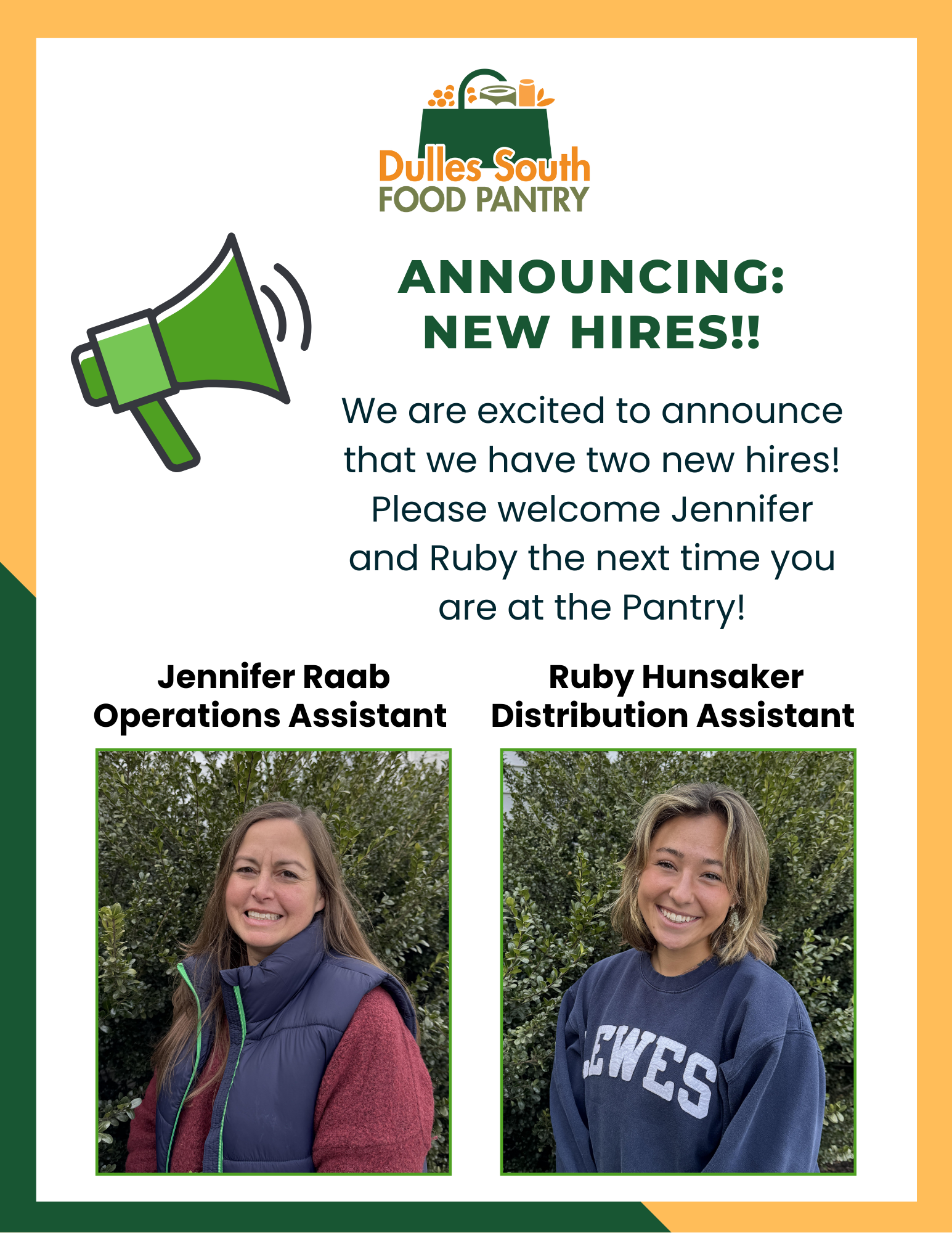 New Hire announcement with photos of Jennifer Raab and Ruby Hunsaker