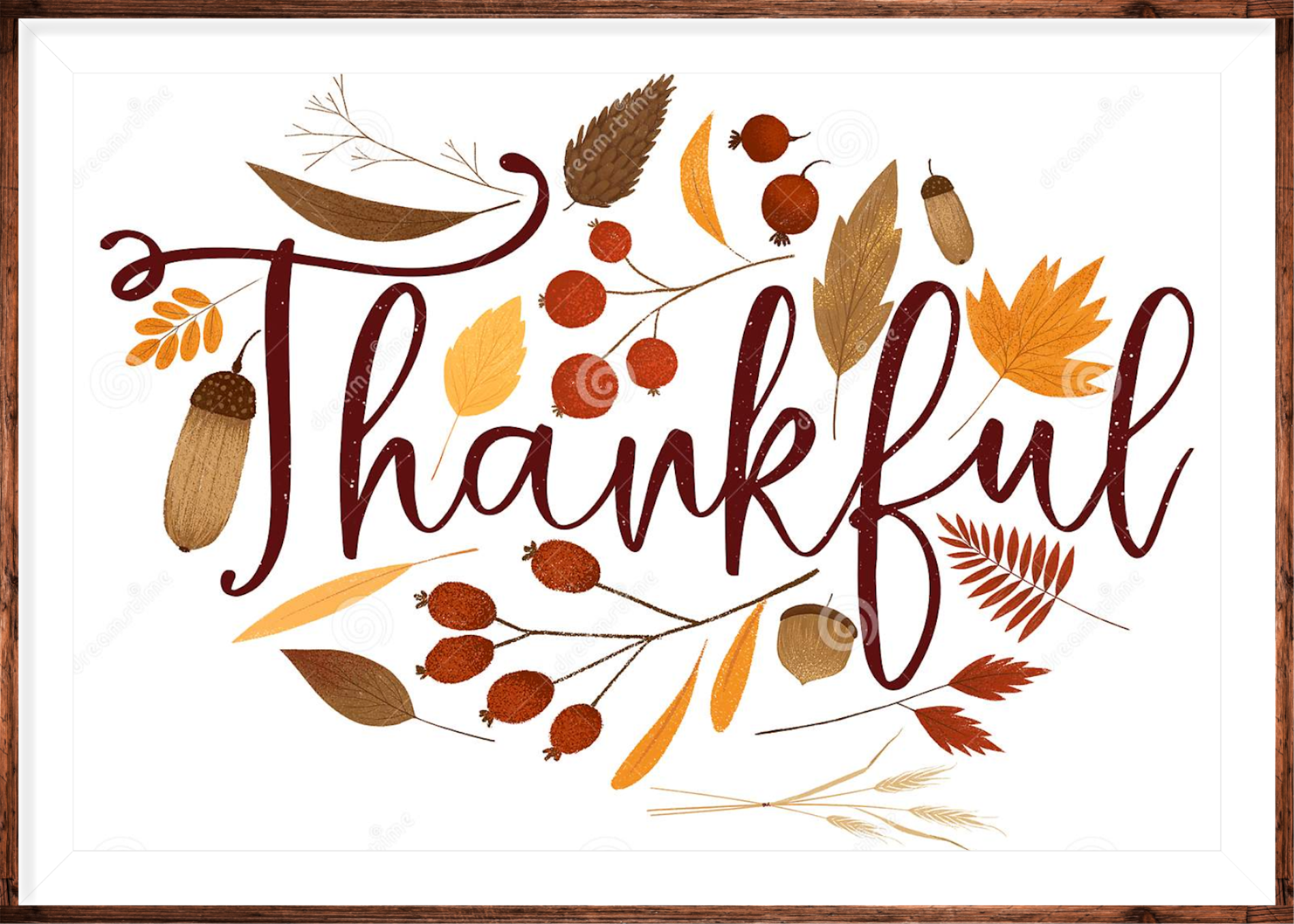 Image with the word Thankful surrounded by fall leaves and acorns