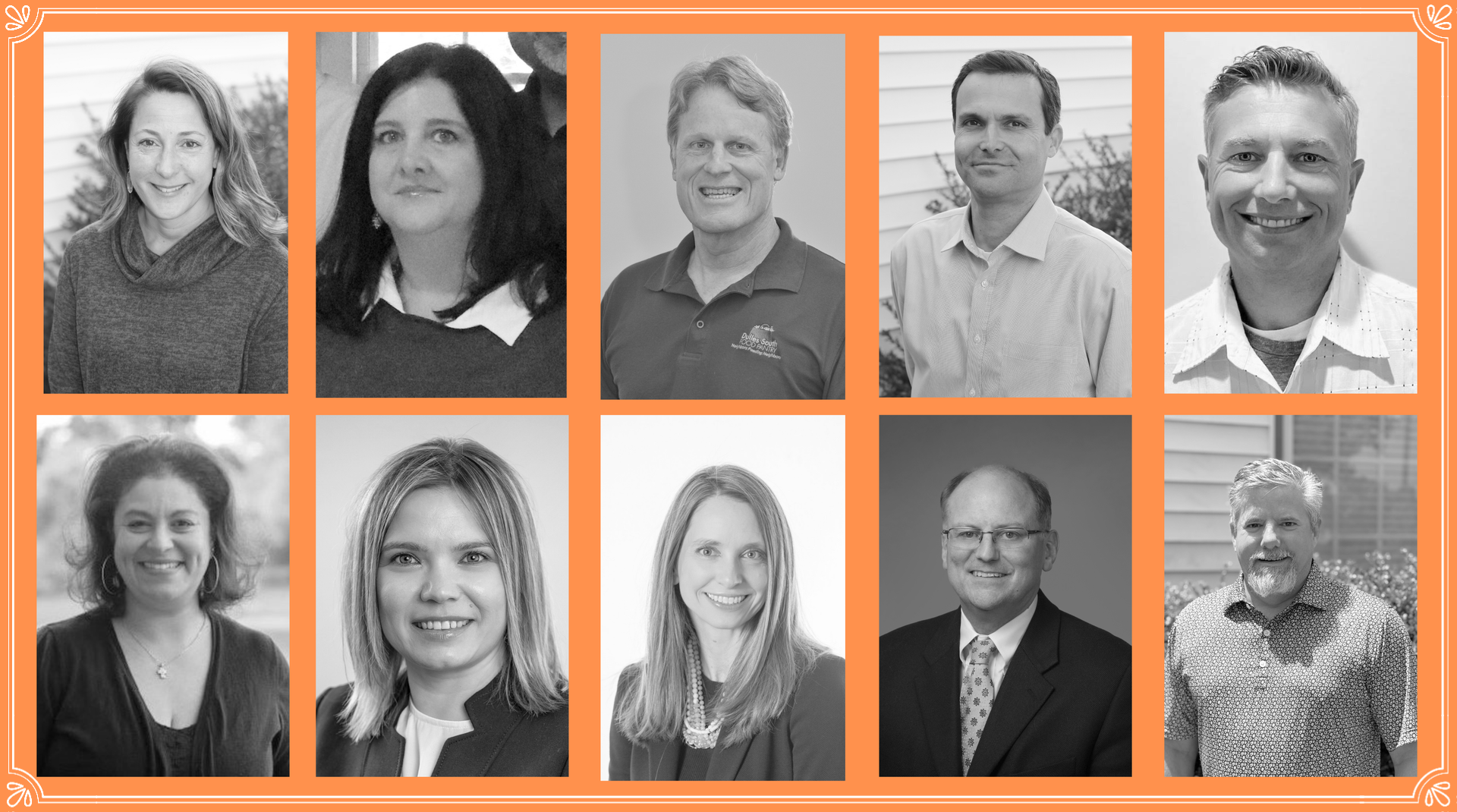 Orange background with black and white headshots of ten Board of Directors