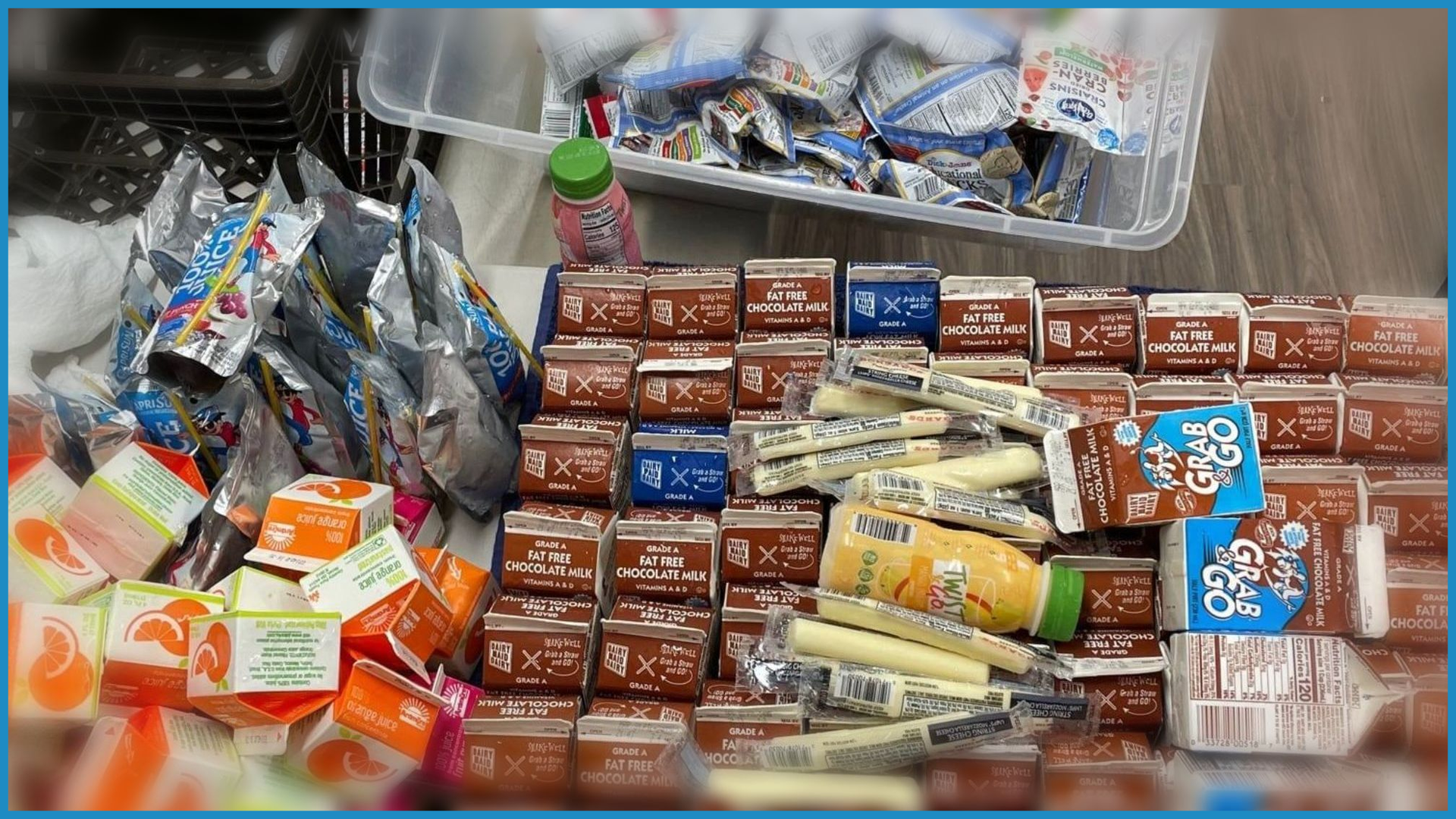 Image of milk cartons, juice pouches, and cheese sticks 