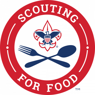 scouting for food red circle logo with blue fork and spoon
