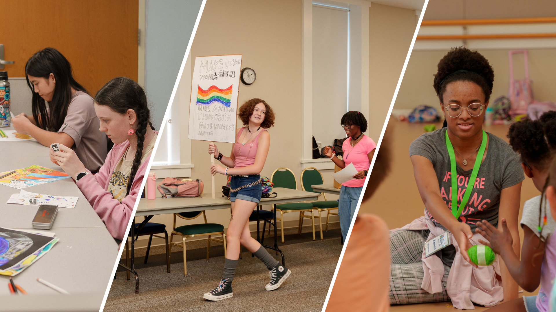 Third Friday reception featuring two individuals, one is audio describing artwork to another. Photo by Jen Scheib/