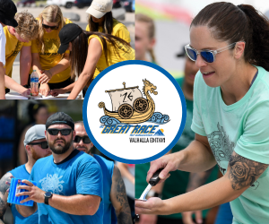 Collage of participants in The Great Race for Education 2025, with the 2026 Valhalla Edition logo in the center.