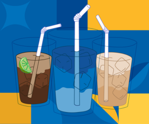 Illustration of three drinks with ice in clear cups and white bendable straws. The drinks are colored brown with a lime wedge, blue, and tan. The cups overlap against a geometric blue and yellow background.
