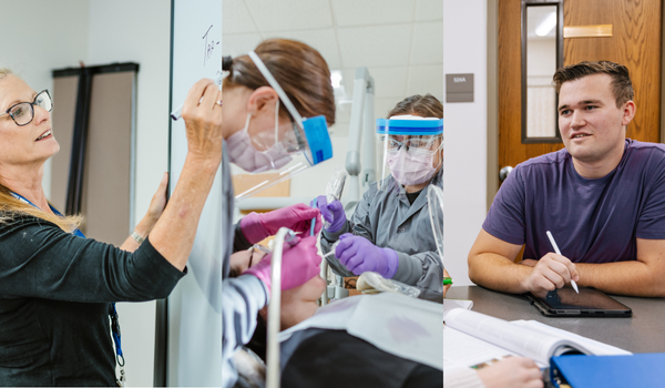  A collage of three scenes: on the left, a person writes on a whiteboard in a classroom; in the center, two individuals wearing gloves and protective gear work on a dental procedure; on the right, a person sits at a desk with an open notebook and tablet, holding a stylus, appearing to study or take notes.