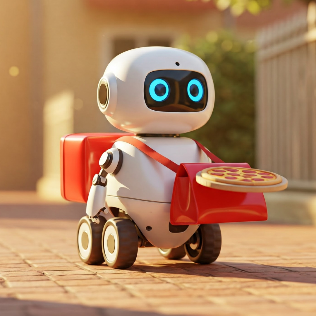 A Robot delivers a pizza