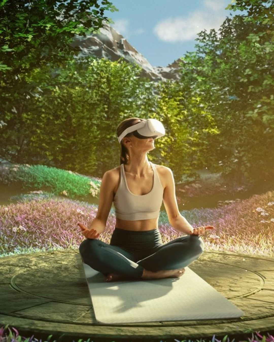 Woman in the Forest in Yoga Gear Wearing a VR Headset