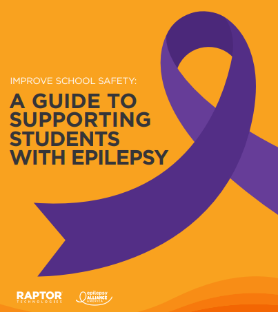 Cover of Supporting Students with Epilepsy Guide; hand holding a purple ribbon. 
