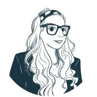 Line drawing of a smiling woman with glasses, long hair, and a headband.