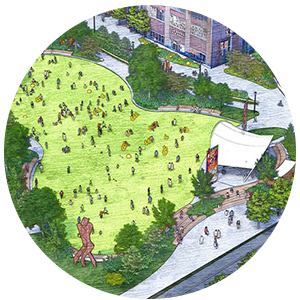 An illustration of an urban park with people walking around on a bright green lawn area with surrounding trees and plants.