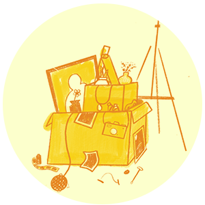 A yellow and orange illustration of art supplies in a big box next to an easel. 
