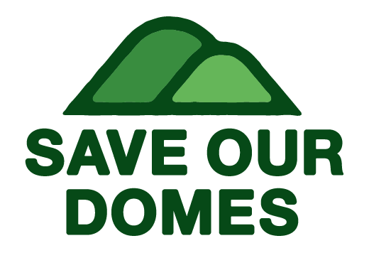 Save Our Domes logo in various shades of green. Two hillside cutouts are above the tile and outlined in thick dark green.