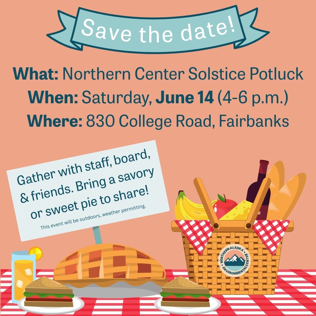The top of this infographic reads, “Save the date!” In white text on top of a teal and navy blue illustrated banner. The background is salmon colored and the information below reads “What: Northern Center Solstice Potluck, When: Saturday, June 14 (4-6 p.m.), Where: 830 College Road, Fairbanks”. Beneath the text is a colorful illustration of a picnic table with red gingham fabric, two sandwiches, a lemonade and a picnic basket stuffed with fruit, cheese, wine and bread. The Northern Center circle color logo is on the picnic basket and there is a sign emerging from the table that reads. “Gather with staff, board, and friends. Bring a savory or sweet pie to share! This event will be outdoors, weather permitting.”