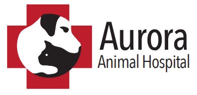The Aurora Animal Hospital logo in red, black and white. There is a Red Cross and cut out of a dog and cat in a circle in front of the cross