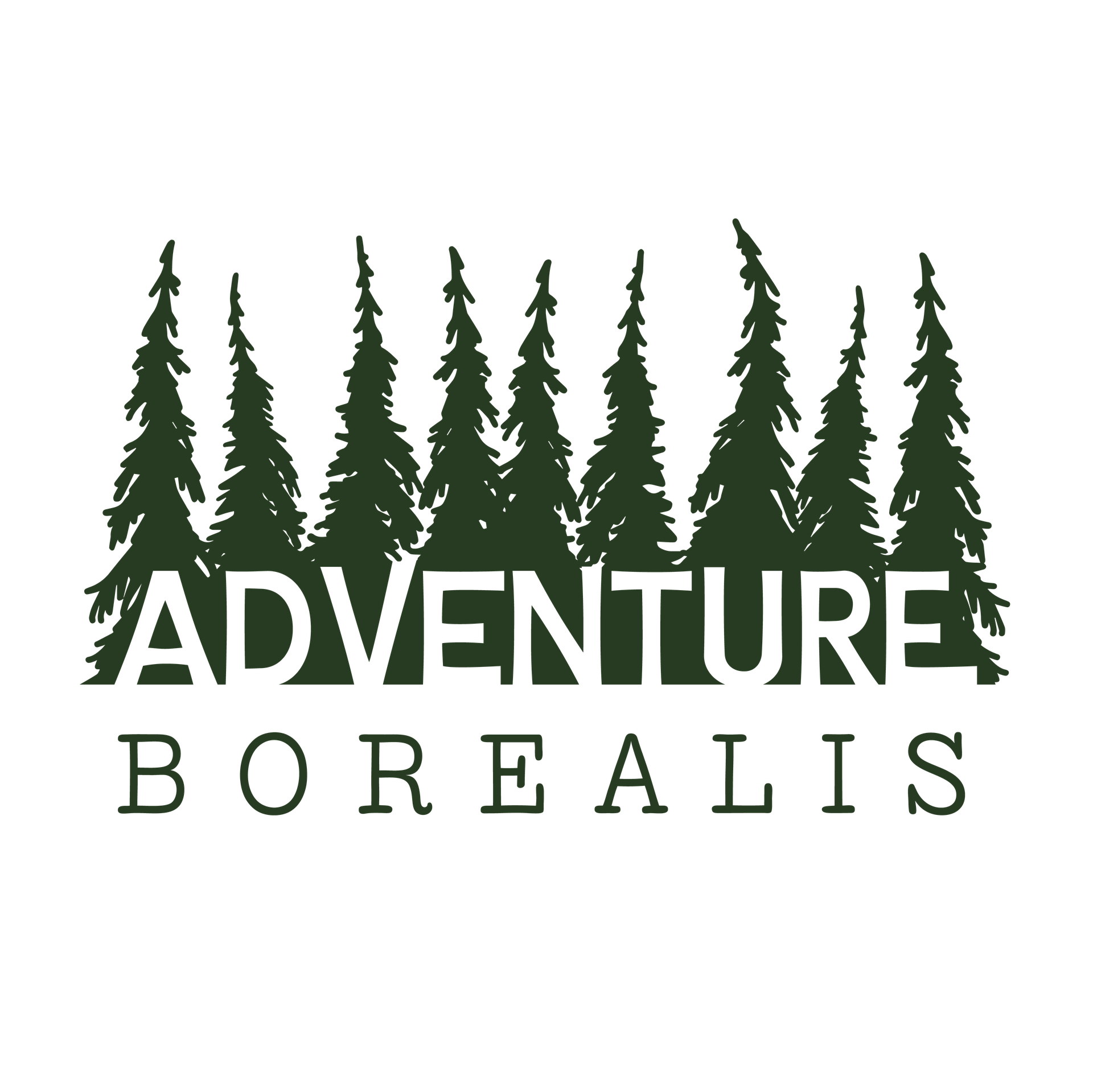 Adventure Borealis logo in dark green with spruce tree cut outs behind.