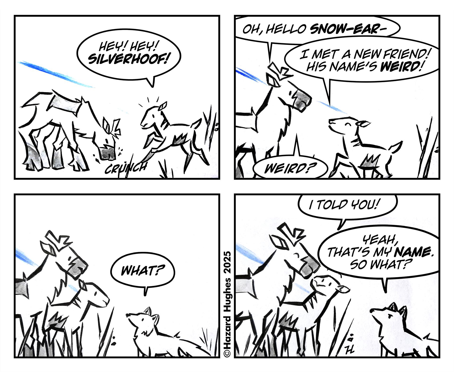 This is a four-block comic strip. The first block shows two caribou and the baby says: ''Hey! Hey! Silverhoof!''. The second block shows Silverhoof responding: ''Oh, hello Snow-Ear''. Snow-ear replies, ''I met a new friend! His name's weird!''. The third block at bottom left shows an Arctic fox replying, ''What?''. In the final block, Snow-ear says, ''I told you!'' to Silverhoof. And the Arctic fox says, ''Yeah, That's my name. So what?''.