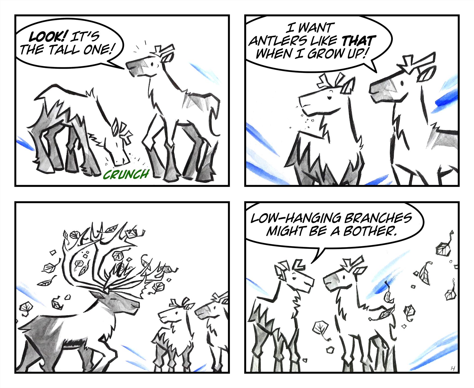 In this four block comic strip, artist Hazard Hughes shows two cartoon caribou in black and white (with a blue streaky background) eating. One caribou says to the other, ''Look! It's the tall one!'' and the other caribou replies, ''I want antlers like THAT when I grow up!'' The third comic strip shows a large bull caribou emerging with lots of leaves on its antlers. The final block of the cartoon shows the two original caribou with one stating, ''Low-hanging branches might be a bother.''