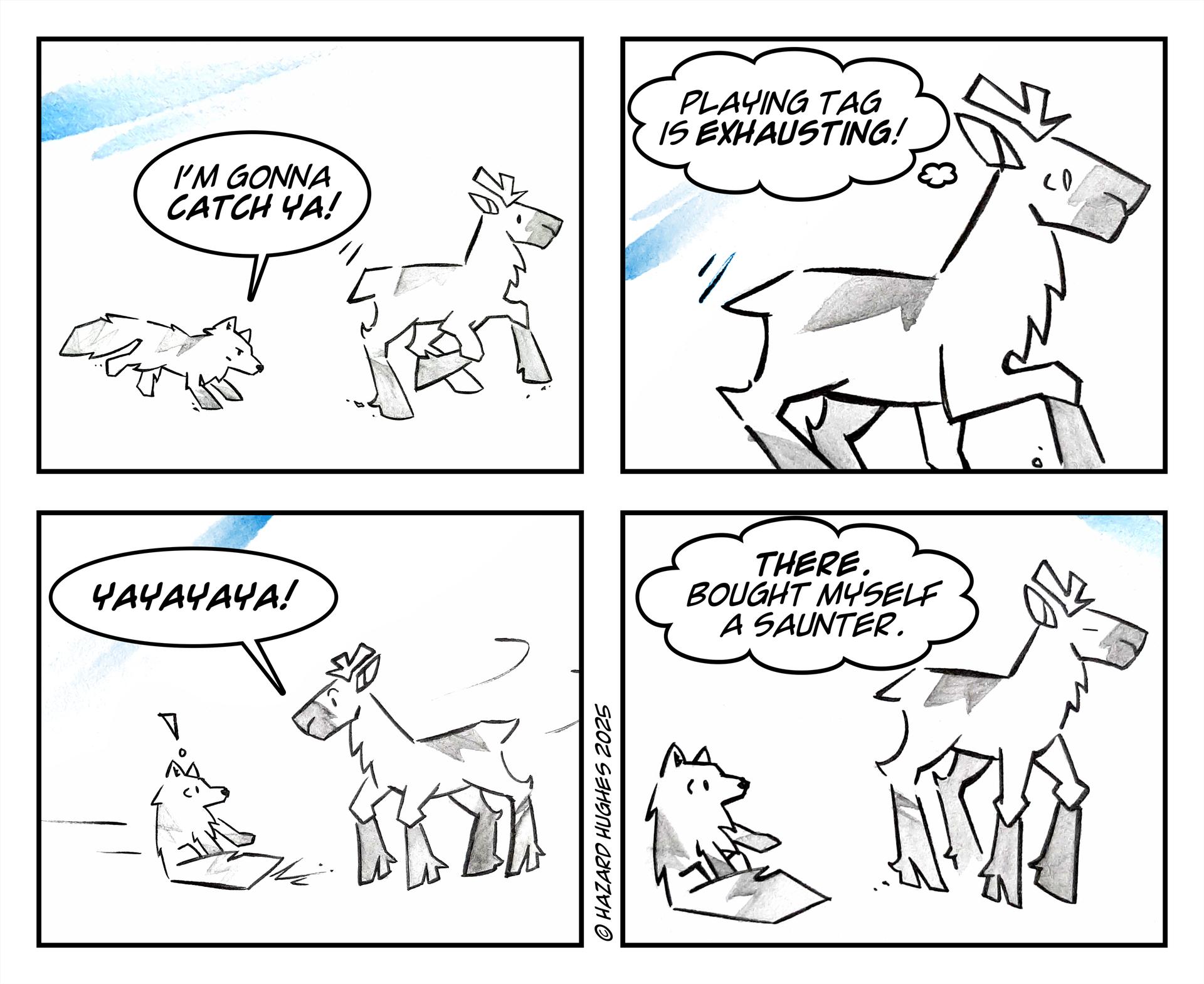 This is a four block comic strip. The top left shows cartoons in grey and white. The small Arctic fox is chasing the caribou and says, “I’m gonna catch ya!”. The second block, at top right, shows the caribou thinking, “Playing tag is exhausting!”. The third block at bottom left shows the caribou quickly turn around and startle the fox. The caribou says, “yayayaya!”, and the final block shows the caribou turn back around with pride thinking, “There. Bought myself a saunter.”