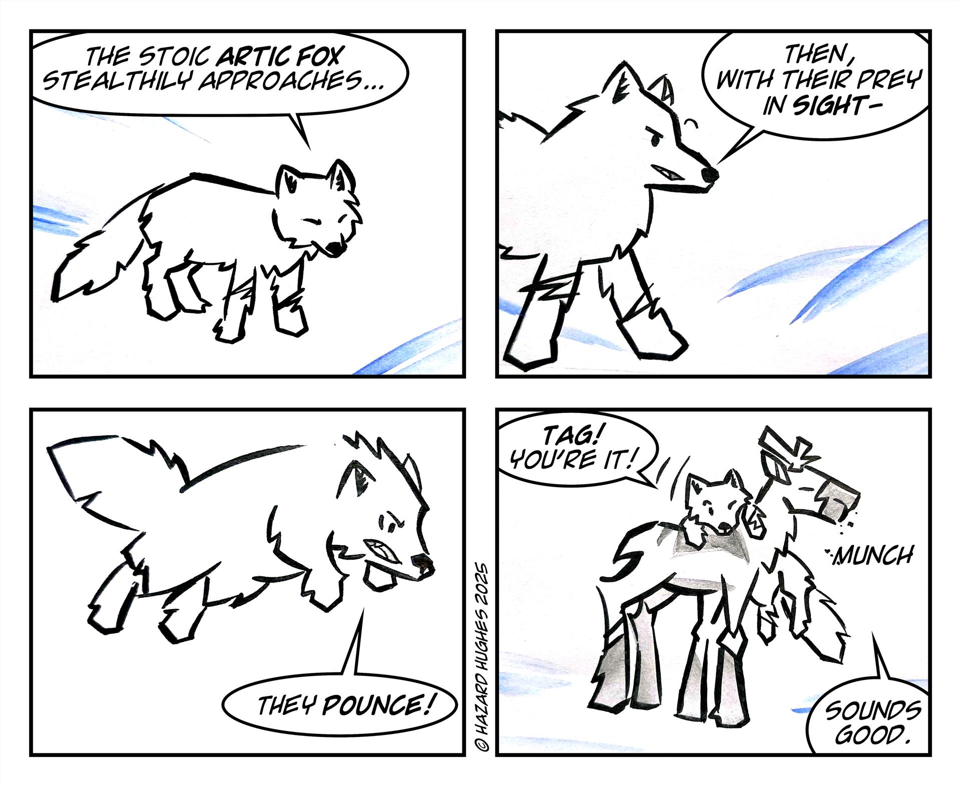 This is a four block comic strip from Hazard Hughes. The top left shows an arctic fox crouching and looking to the distance. The fox says, “The stoic Arctic fox stealthily approaches…”. The second block shows the fox again and reads, “Then, with their prey in sight—“. The third block shows the fox jumping up with a mean face and a speech bubble that says, “They pounce!”. The final block shows the fox hanging onto the neck of a caribou who is eating (“munch” is written under the caribou’s mouth) The fox says, “Tag! You’re it!” And the caribou replies, “Sounds good.”