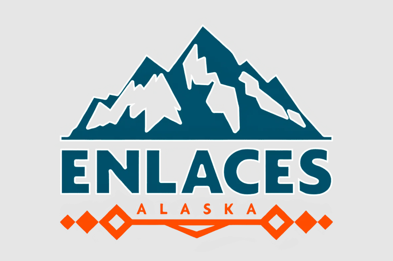 Enlaces Alaska logo features a navy blue mountain cut out and bright orange diamonds drawn in a line below on a grey background.