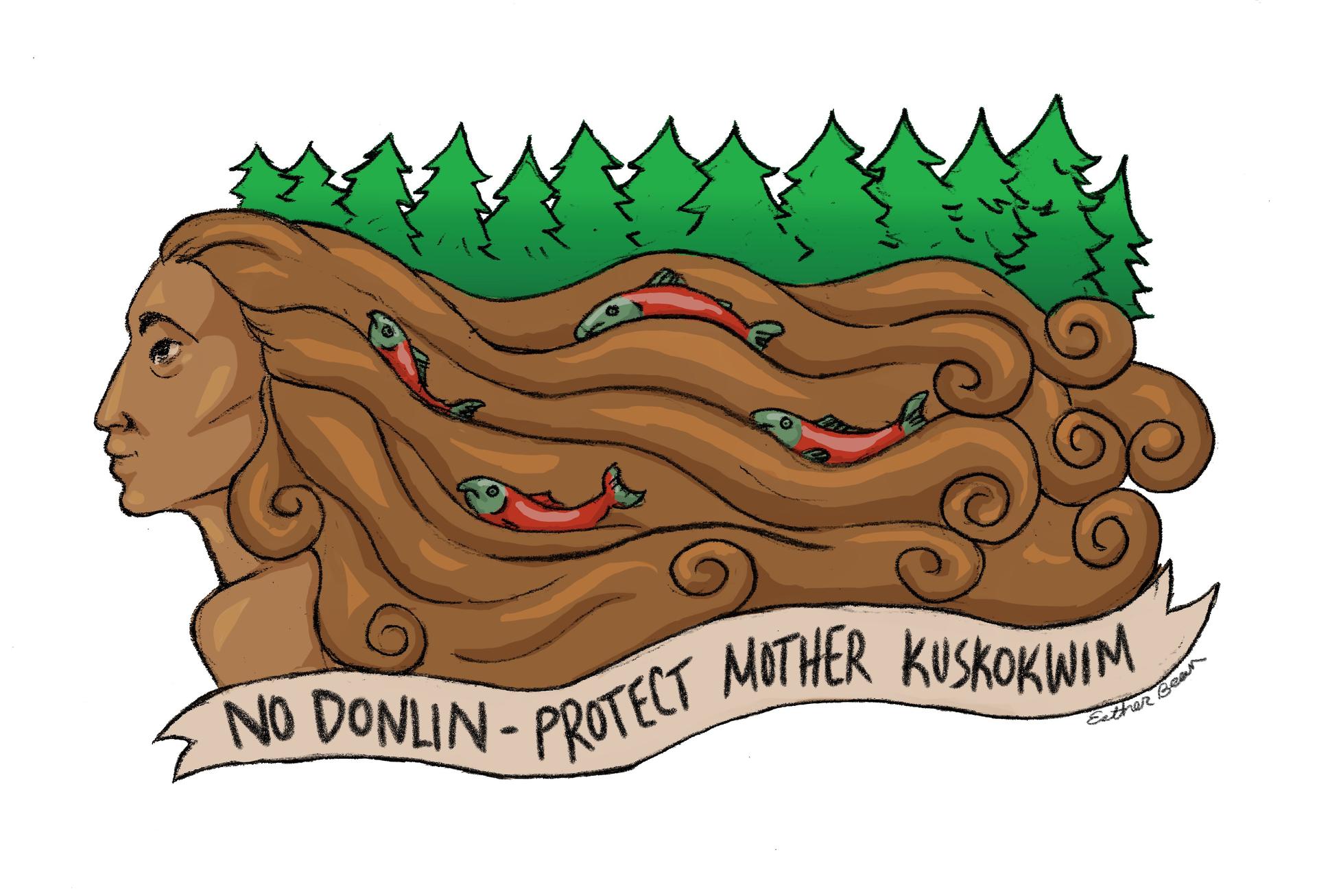 The Mother Kuskokwim Tribal Coalition logo features a woman looking to the left with flowing brown hair and salmon swimming in the ribbons of her hair. Above her are green trees and below her is a banner that reads: No Donlin - Protect Mother Kuskokwim