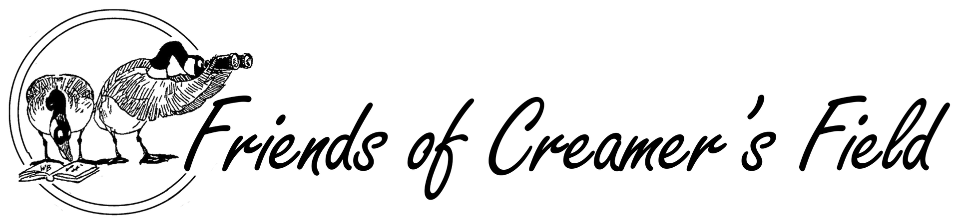 The Friends of Creamer's Field logo with two birds drawn on the left in black and white. One is reading and the other is looking through a pair of binoculars.