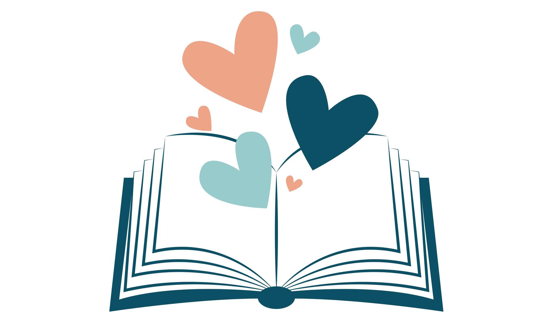 An illustration created using graphics in Canva that show an open book with hearts coming out of the pages. The colors are navy blue, salmon and teal.