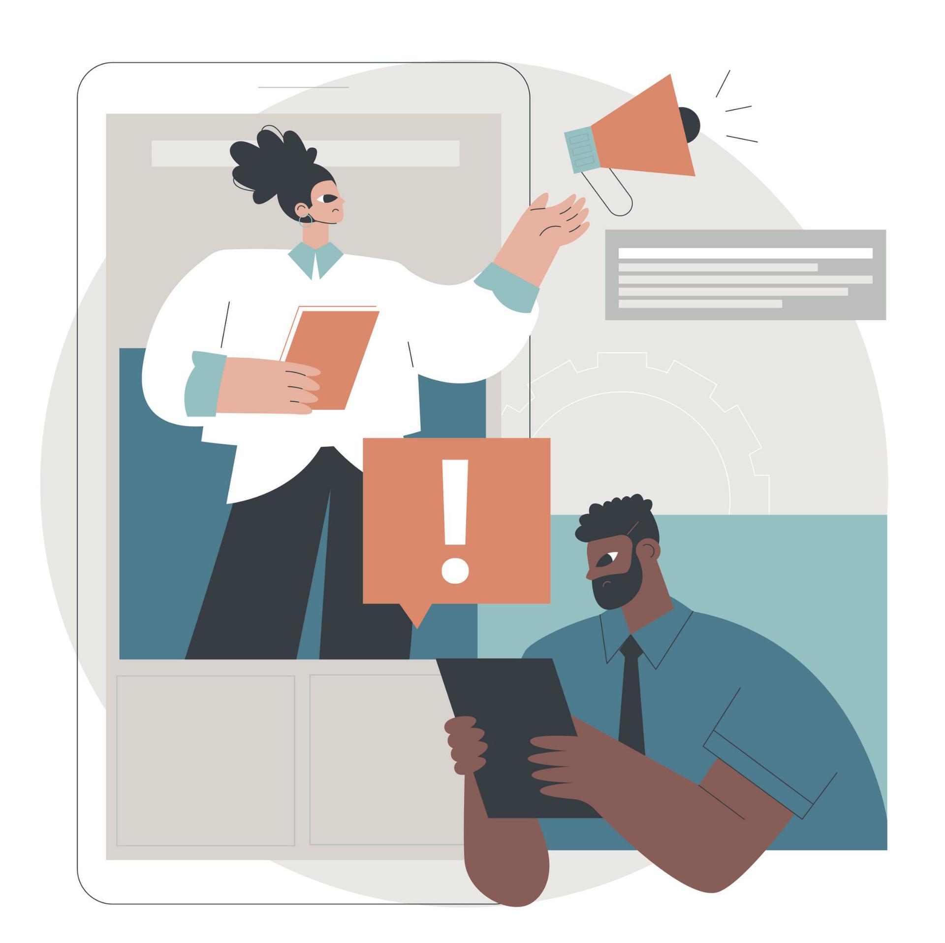 An illustration created by an artist in Canva of two people consuming information from a book, megaphone and electronic device.