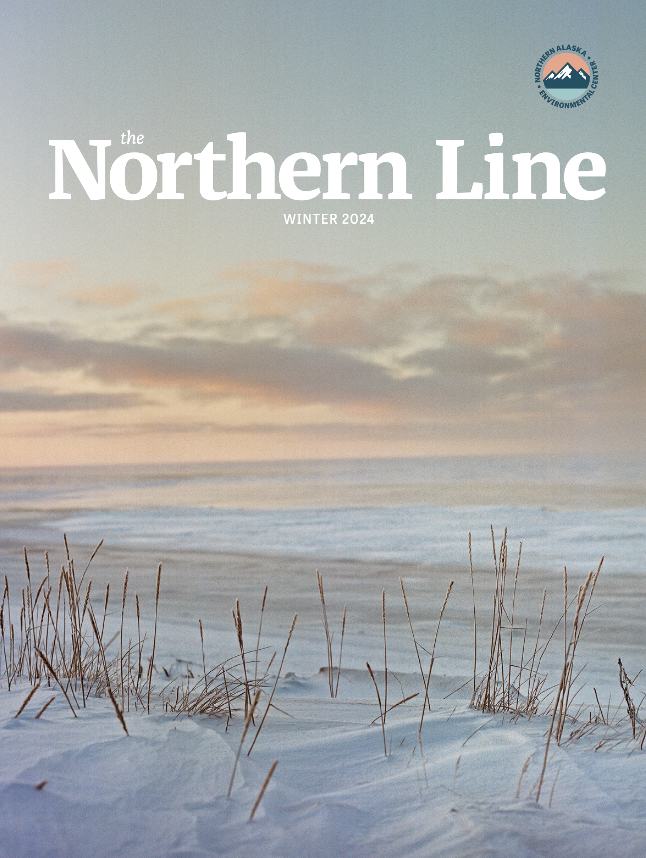 A screenshot of the front cover of The Northern Line, WINTER 2024. The Northern Center logo appears at top right and the image is a snowy, Arctic landscape at sunset.