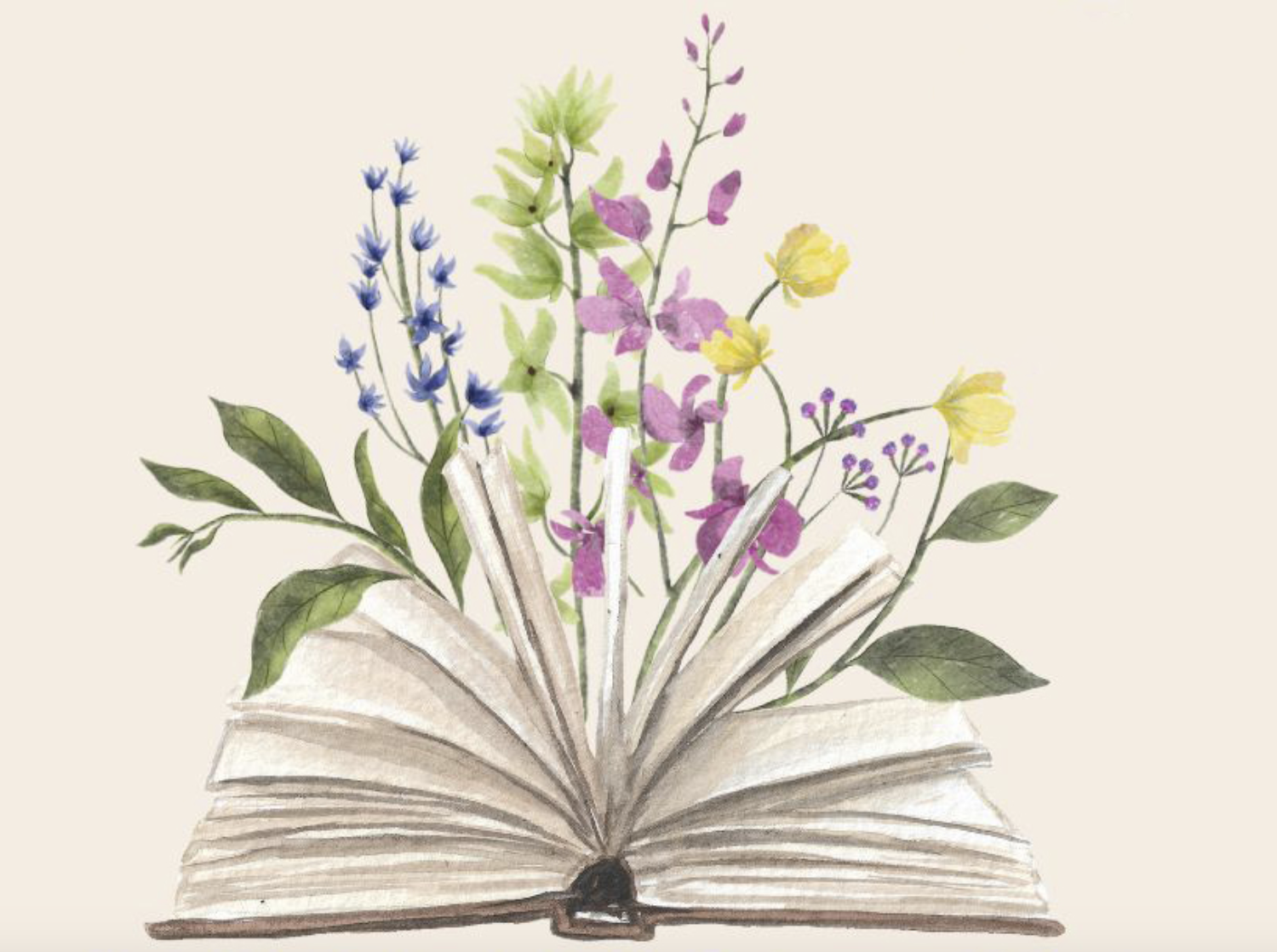A watercolor-like drawing of a book with flipping pages and flowers sprouting up in the middle from the pages. The wildflowers are green, pink, blue, purple, and yellow. 