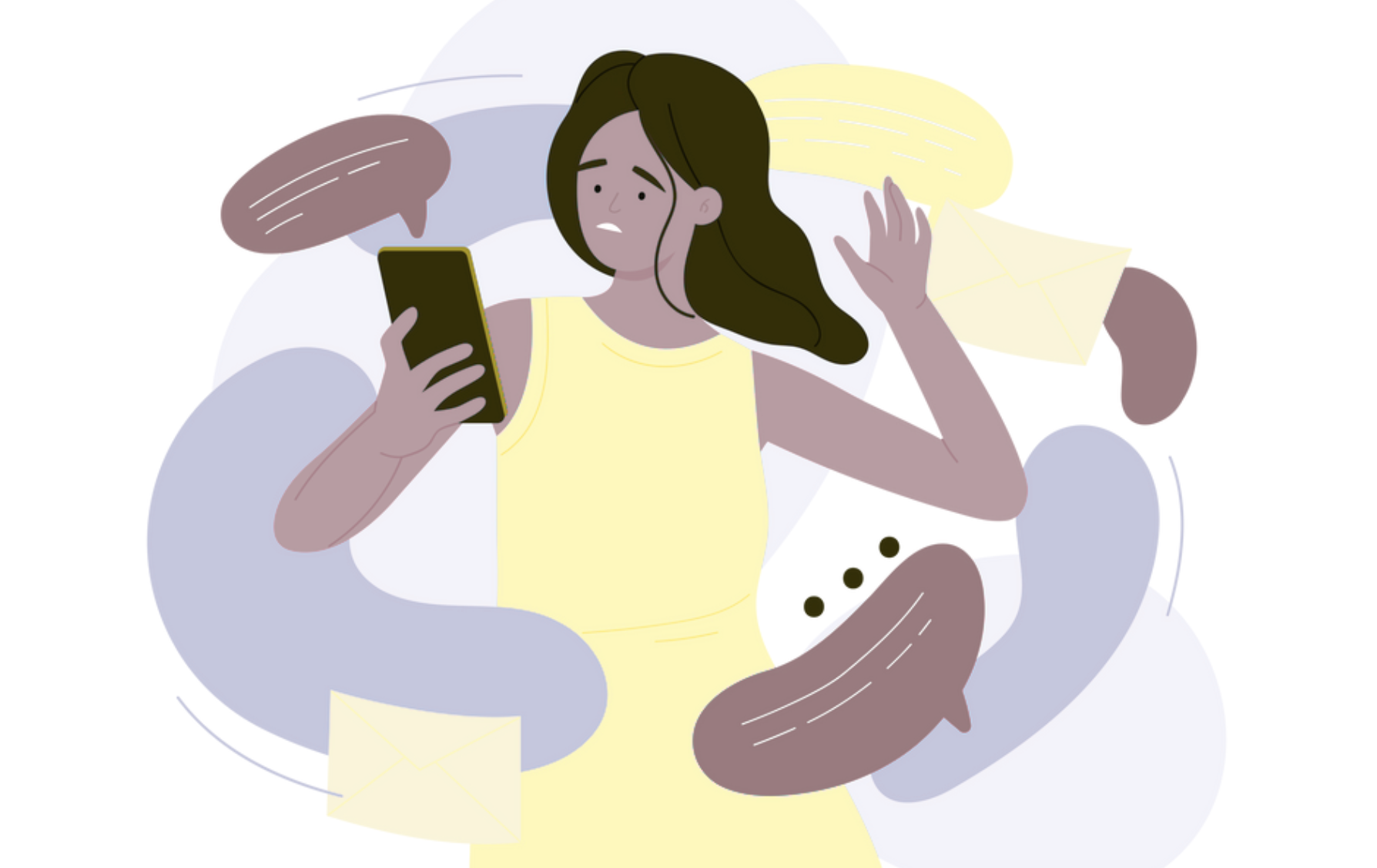 An illustration created by an artist in Canva shows a woman in a yellow dress looking concerned as she holds her phone. There are speech bubbles and message bubbles circling around her. 