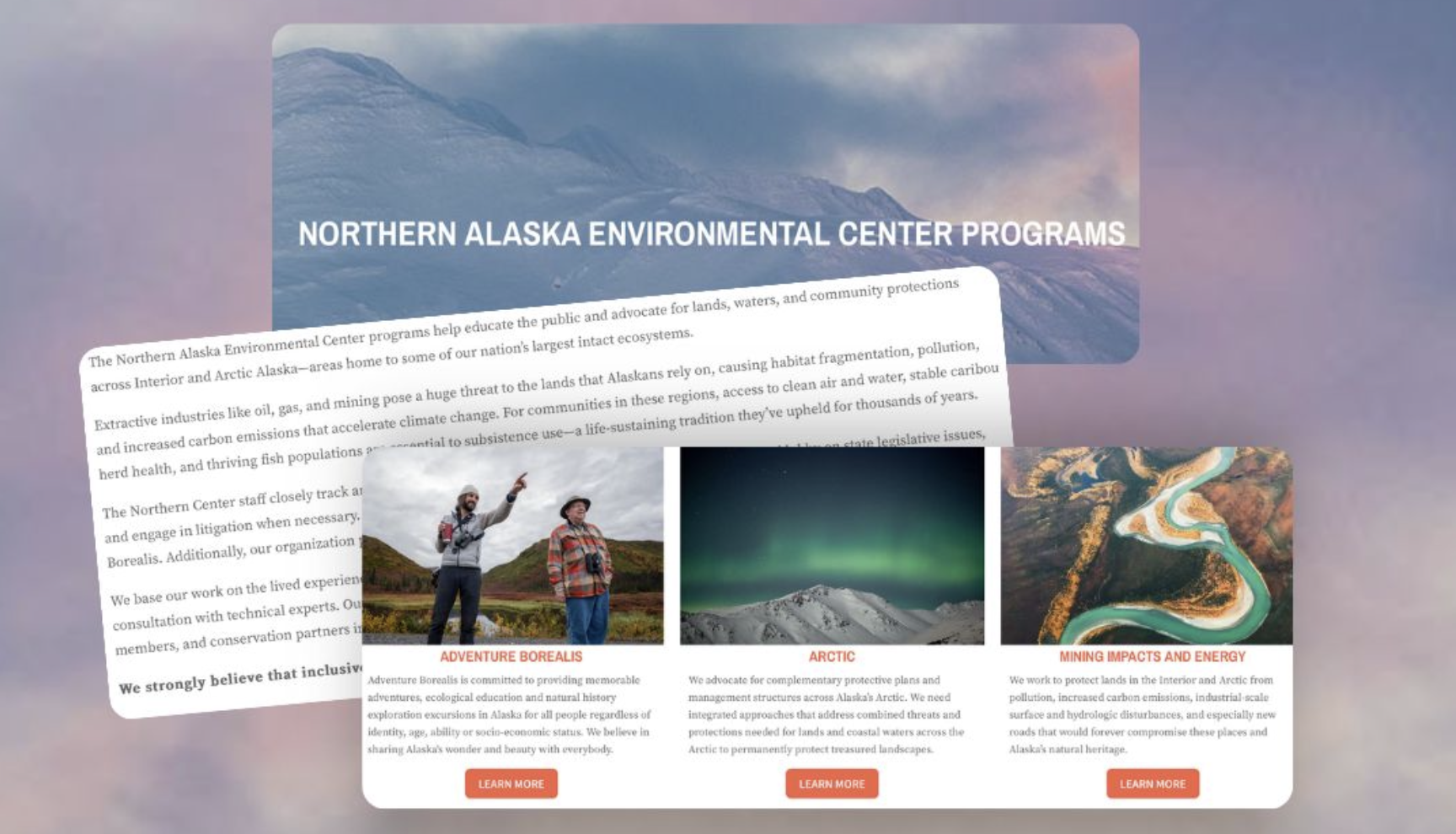 This is an image of three screenshots taken from northern.org. The top screenshot shows a snowy mountain with the words “NORTHERN ALASKA ENVIRONMENTAL CENTER PROGRAMS”. Layered on top o f this screenshot is another screenshot of a body of text and then on top of that image is a screenshot of three programs with photos and buttons that say Learn More.