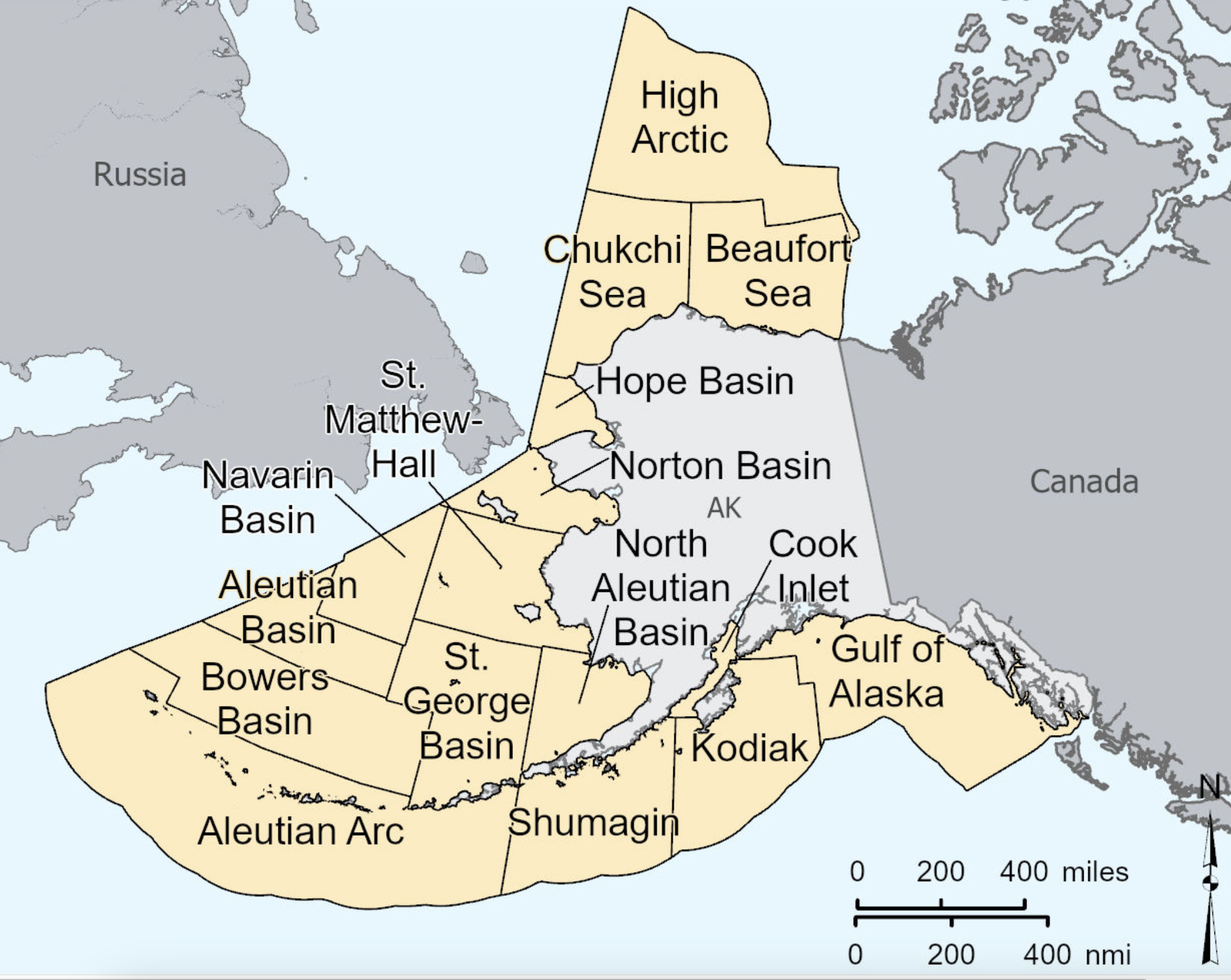 A map of Alaska (with portions of Russia and Canada visible) outlining the Outer Continental Shelf Planning Areas in the oceans surrounding Alaska.
