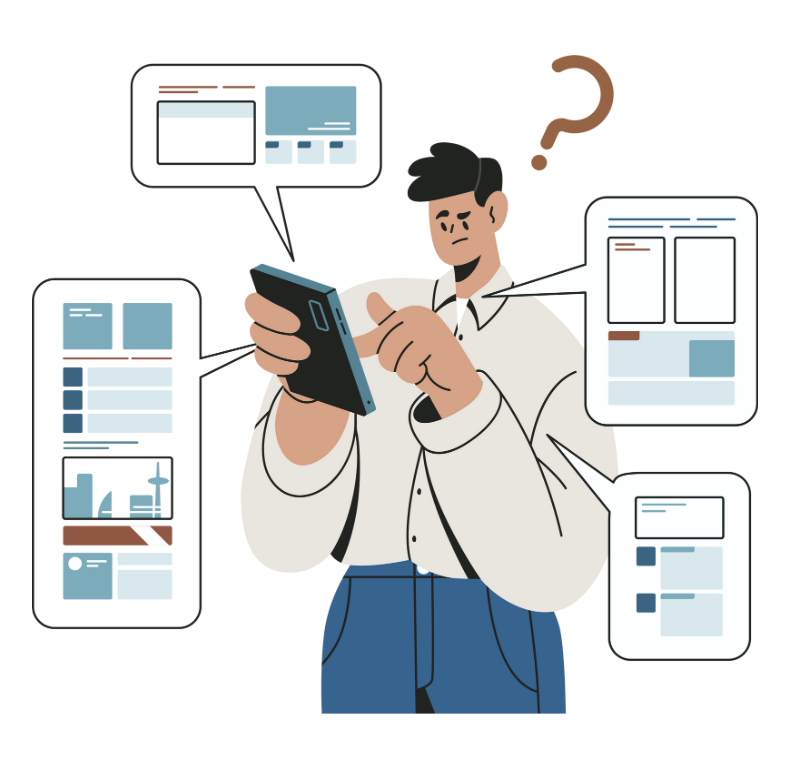 An illustration created by an artist in Canva shows a man looking at an electronic device with four news alerts popping up around him and a question mark above his head.
